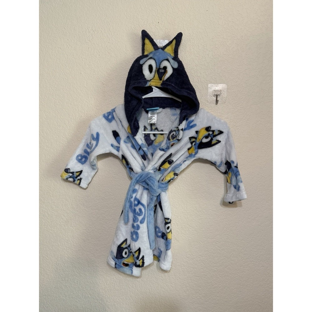 Bluey Fleece Robe 2T Toddler Hood W/ Dog Ears Wrap Style Tie Closure Cozy